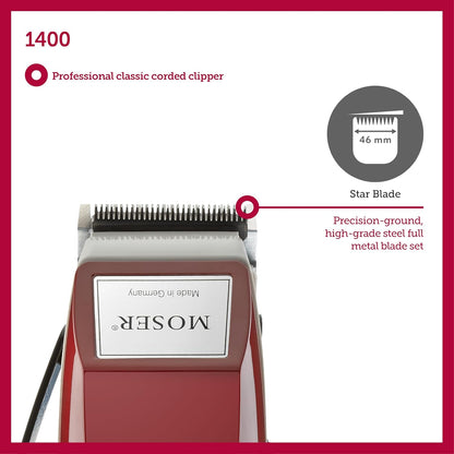 Moser 1400 Professional Corded Hair Clipper for Men (Made in Germany) | Precision Stainless Steel Blade | Cutting Length Adjustor with 6 Preset positions | Quiet and Powerful Motor (1400-0150)