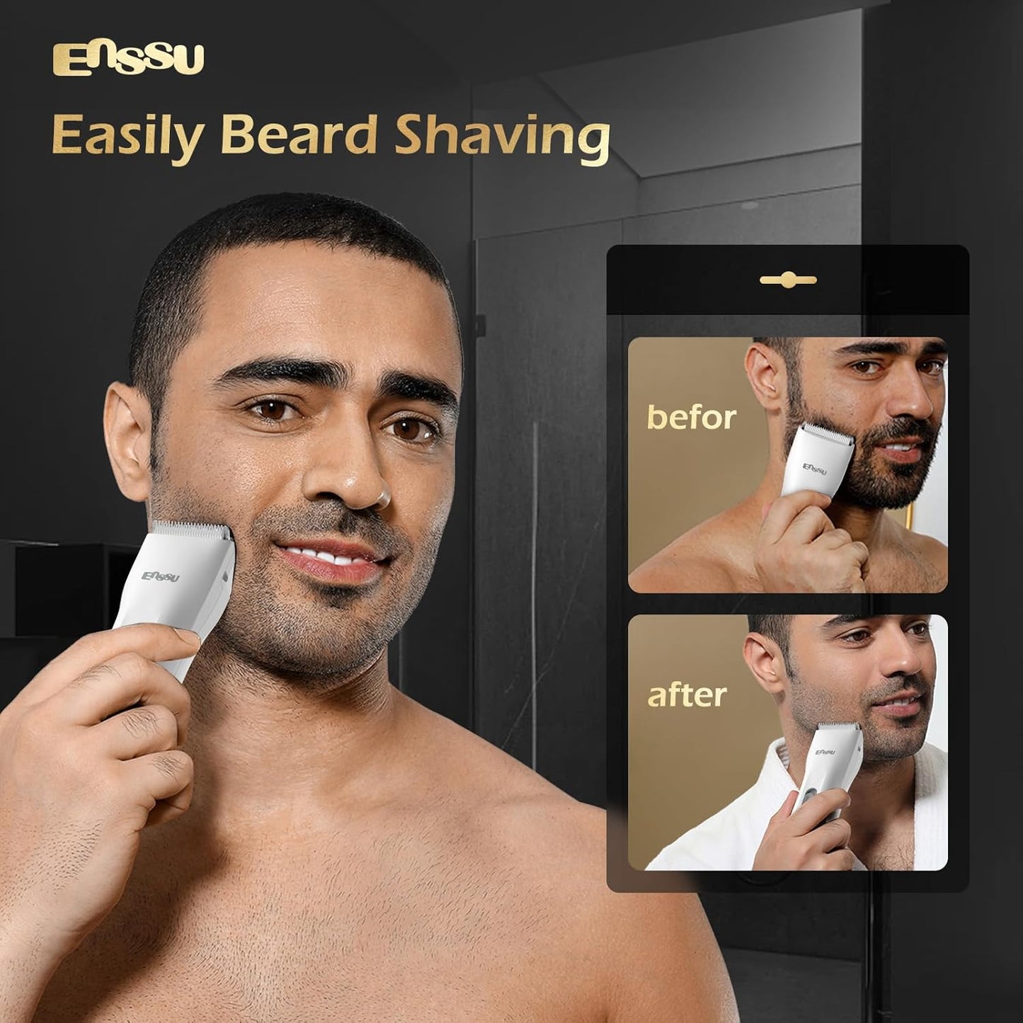 ENSSU Waterproof Cordless Hair Trimmer for Family Use - Adults and Kids - Powerful 6000 RPM Motor, Safe Trimming for Groin, Pubic, and Body Hair with Replaceable BLADELOCK™ Ceramic Blades (White)