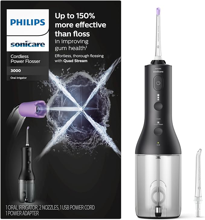 Philips Cordless Power Flosser 3000, Water Flosser with Innovative Quad Stream Technology, Oral Irrigator with 2 Flossing Modes and 3 Intensity Levels, Ergonomic Design, Black, HX3826/23