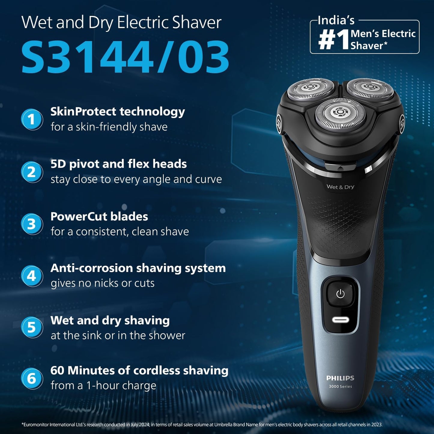 Philips Electric Shaver for Men, SkinProtect Technology, Wet and Dry Shave, 5D Floating Heads, 27 Self Sharpening Blades, Pop-up Trimmer, Cordless, Waterproof S3144/03 (New Model)