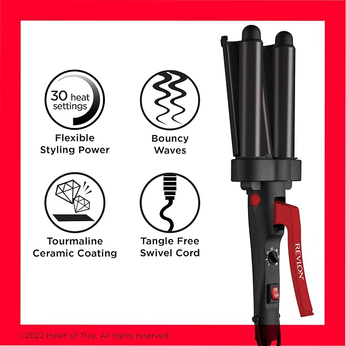 Revlon Wave Master Jumbo Waver (Three-Prong Jumbo Barrels, Tourmaline Ceramic Coating, 30 Heat Settings Up to 190°C) RVIR3056UKE