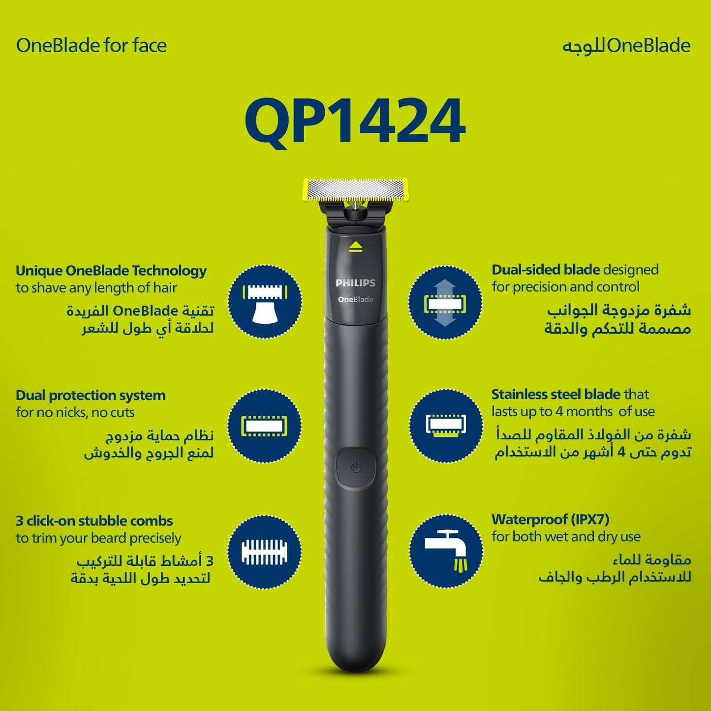 Philips OneBlade QP1424/10 | Trim, Edge & Shave Any Length | 2 Stubble Combs, Dual-Sided Blade | Wet & Dry Use, 30min Cordless