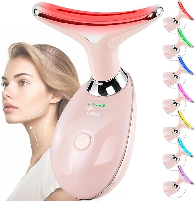 Doset Facial Massager for Face and Neck, Red-Light-Therapy-for-Face and Neck, Face culpting Wand with 7 Color, at-Home Face Tool for Skin Care (Pink)