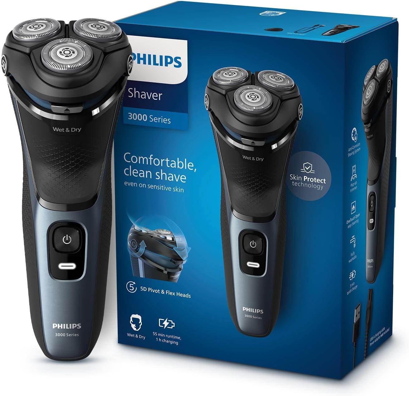 Philips Electric Shaver for Men, SkinProtect Technology, Wet and Dry Shave, 5D Floating Heads, 27 Self Sharpening Blades, Pop-up Trimmer, Cordless, Waterproof S3144/03 (New Model)