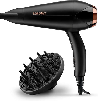 BaByliss DC Motor Hair Dryer, 2200W 3 Heat & 2 Speed Settings With Cool Shot Button, Ionic Technology For Frizz Free Hair, Comfortable Lightweight Black Design With Diffuser, D570SDE (Black)