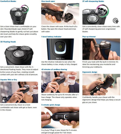 PHILIPS Shaver 1300, Series 1000 Wet & Dry Cordless Electric Shaver with Pop-Up Trimmer and Comfort Cut Blades, 1hr Full Charge, Adriatic Blue, S1323/41