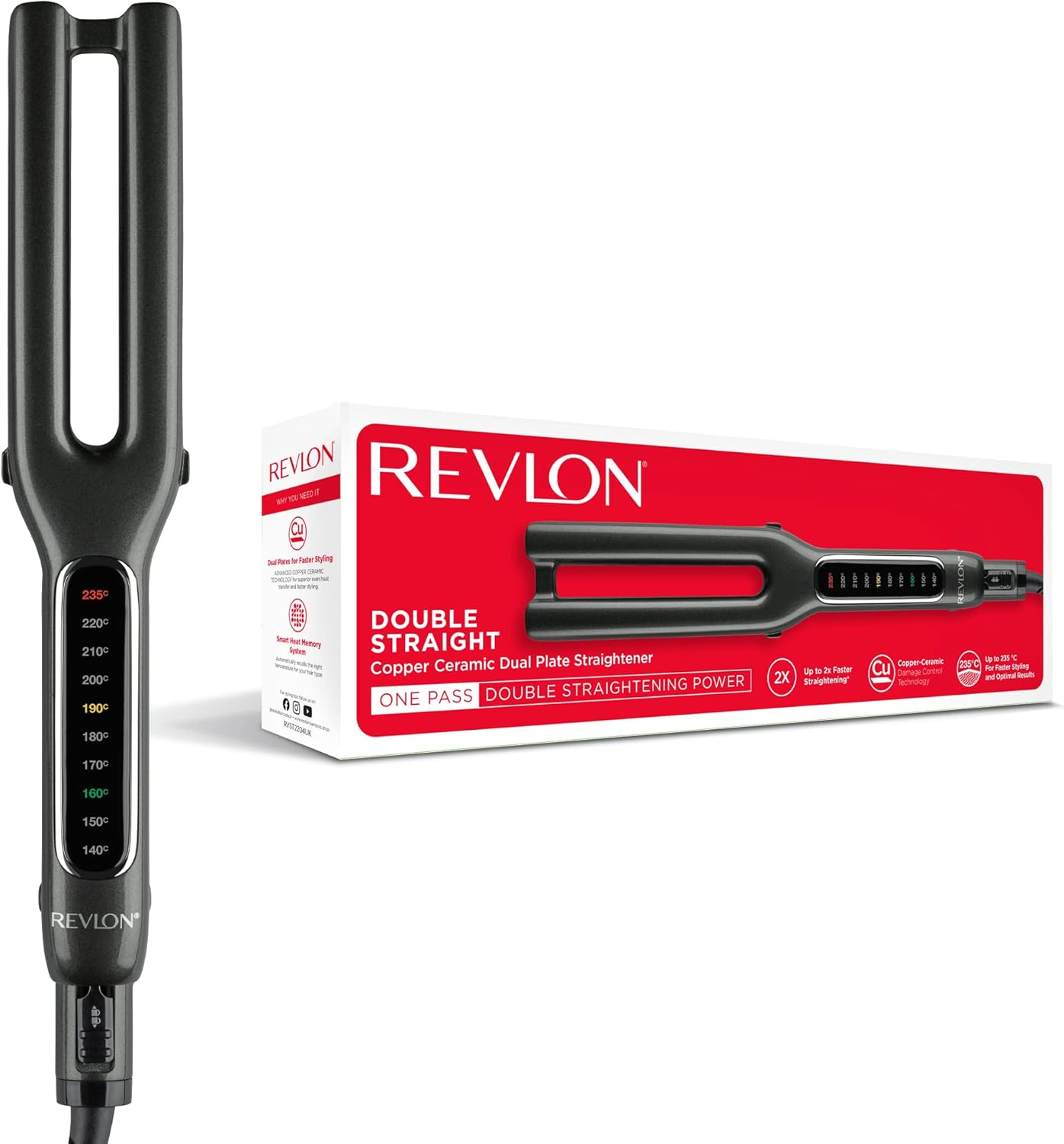 Revlon Double Straight (Dual Plate Design, Advanced Copper Ceramic Technology, LED Display, Smart Heat Memory System, 10 Heat Settings up to 235°C) RVST2204UK