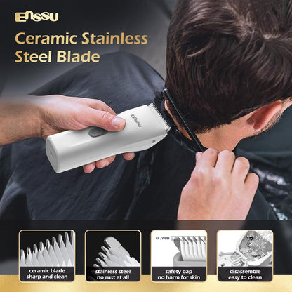 ENSSU Waterproof Cordless Hair Trimmer for Family Use - Adults and Kids - Powerful 6000 RPM Motor, Safe Trimming for Groin, Pubic, and Body Hair with Replaceable BLADELOCK™ Ceramic Blades (White)