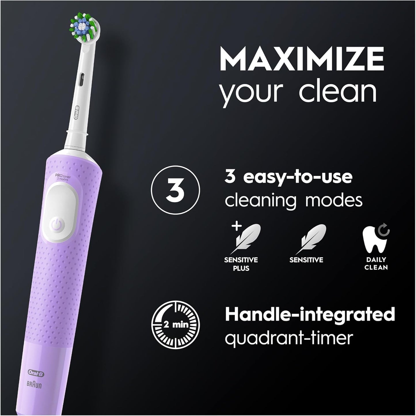 Oral-B Vitality 300 Rechargeable Toothbrush with CrossAction Brush Head, 3 Cleaning Modes & 2 Minutes Built-in Timer D103.413.3 Lilac
