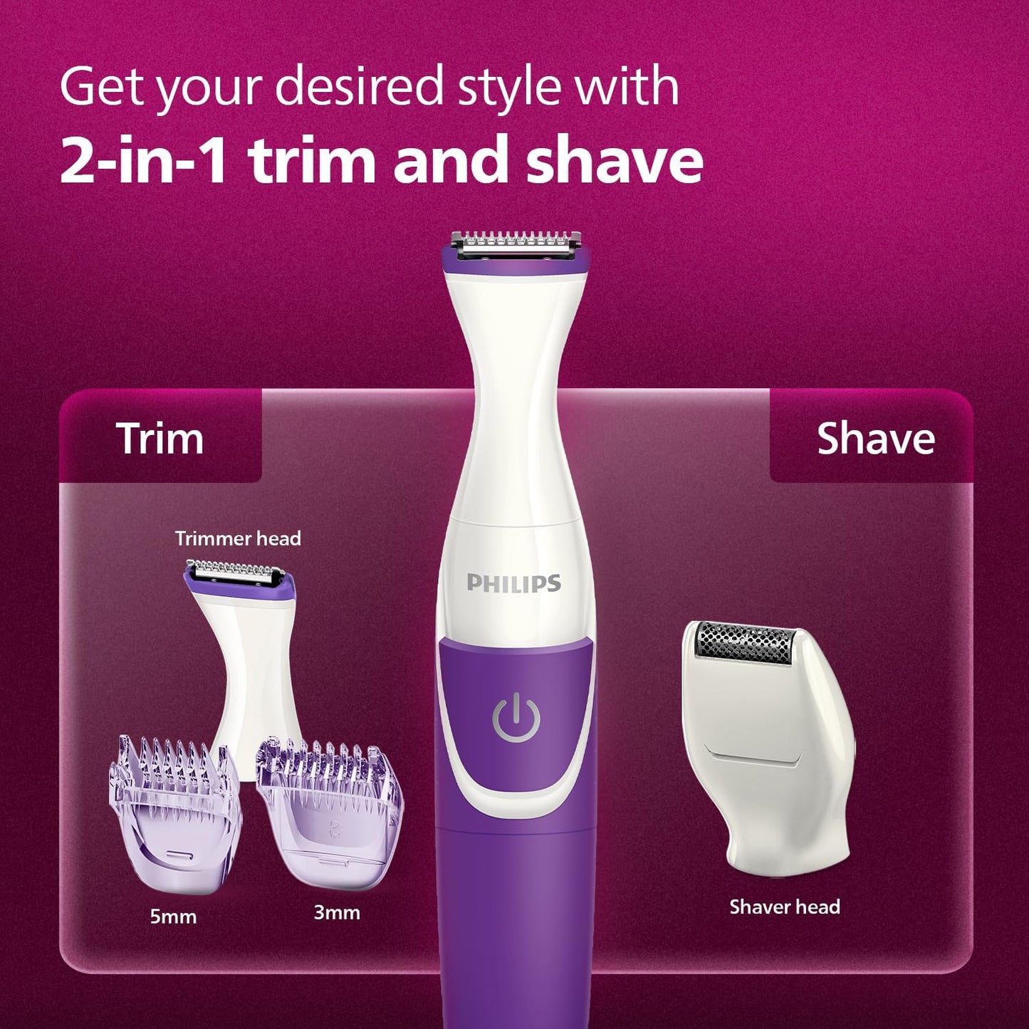 PHILIPS Essential Bikini Trimmer. Trim. Shave & Style. Mini Shaving Head Included. Portable. Battery , Brt38315, Whitepurple