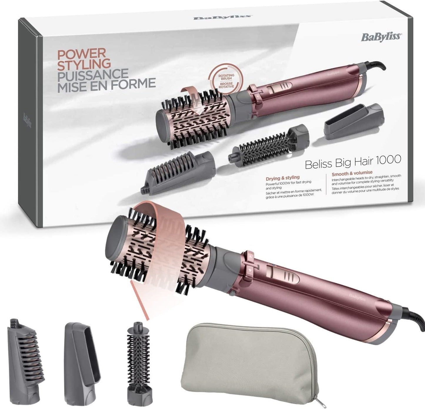 BaByliss 4 in 1 Rotating Air Styler Brush | Potent 1000W Styler For Ultra-Fast Drying | Salon Finish with Interchangeable Attachments For Hair Volumizing, Smoothing & Straightening | AS960SDE (Purple)