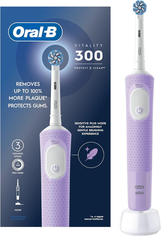 Oral-B Vitality 300 Rechargeable Toothbrush with CrossAction Brush Head, 3 Cleaning Modes & 2 Minutes Built-in Timer D103.413.3 Lilac