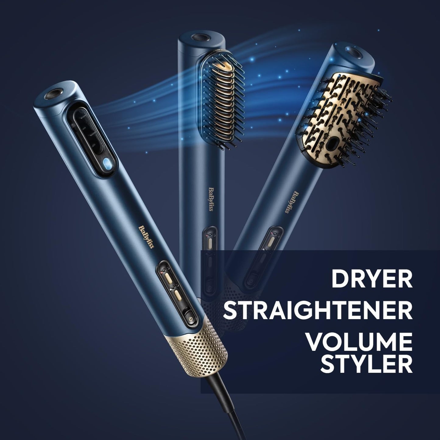 BaByliss Air Wand 3-in-1 Hair Dryer | Straightener & Hot Air Brush with Ion Technology & High-Speed Digital Motor | Includes 3 Attachments | No Heat Damage - (AS6550SDE)