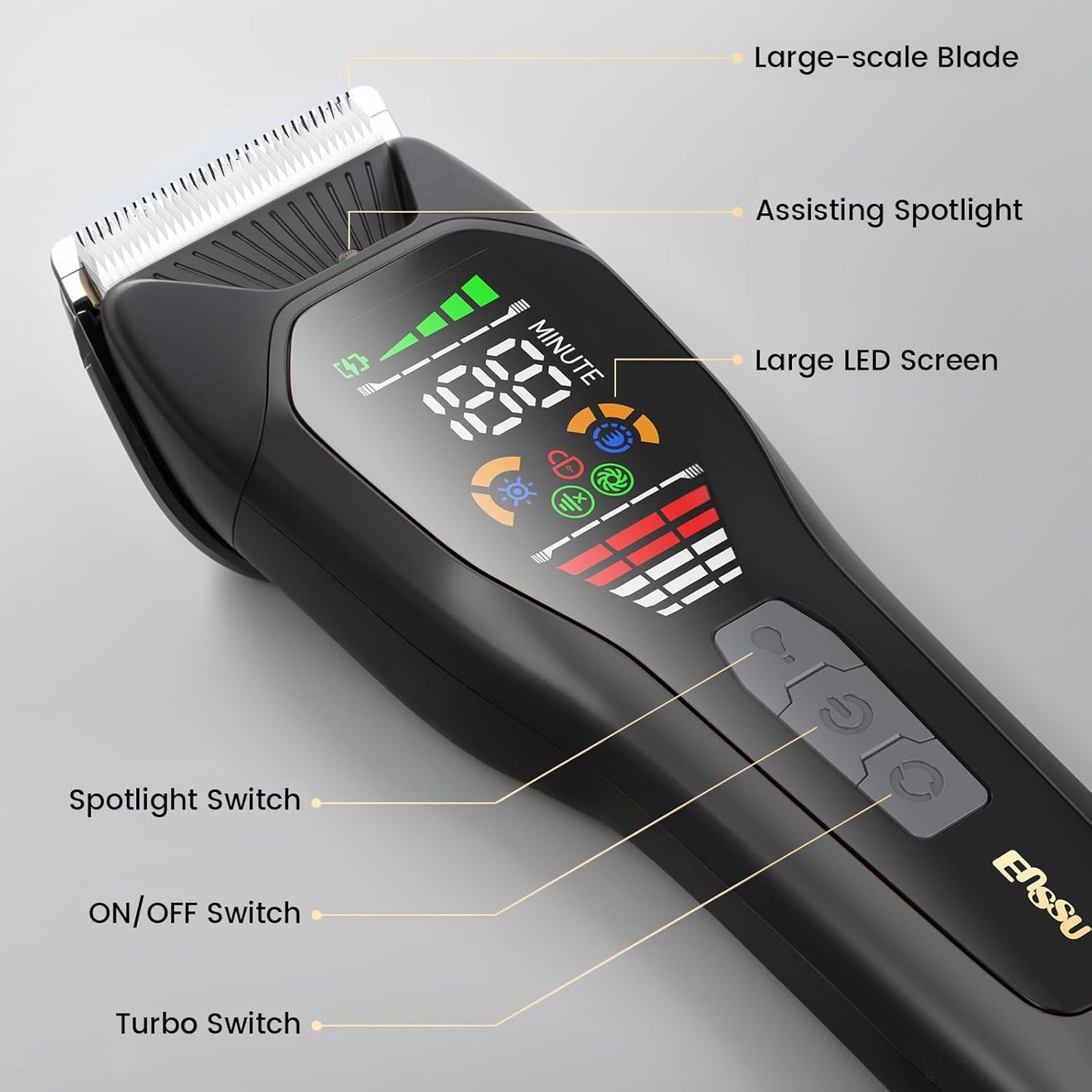 ENSSU Hair Clippers for Men Professional, Rechargeable Hair Trimmer Cordless Barber Clippers with 50mm Blade, Large LED Display, 180-Minutes Runtime for Home Hair Cutting