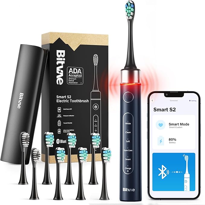 Bitvae Bluetooth Electric Toothbrush with Pressure Sensor, ADA Accepted, Ultrasonic 8 Brush Heads, 5 Modes, 4 Hr Charge Last 100 Days, Power Rechargeable Toothbrush, Soft Bristle, Black (BVUS-S2-B)