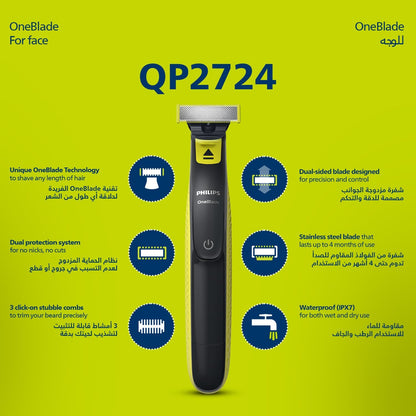 Philips OneBlade QP2724/10 | Trim, Edge & Shave Any Length of Hair | 3 Stubble Combs, Dual-Sided Blade | Wet & Dry Use, 45min Cordless Use