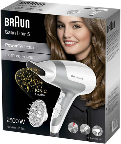 Braun Satin Hair 5 PowerPerfection dryer HD585 – Ionic | Ultra Powerful | Lightweight | Cold Shot | With Diffuser | 2500 Watts - White