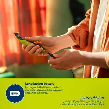 Philips OneBlade QP2724/10 | Trim, Edge & Shave Any Length of Hair | 3 Stubble Combs, Dual-Sided Blade | Wet & Dry Use, 45min Cordless Use