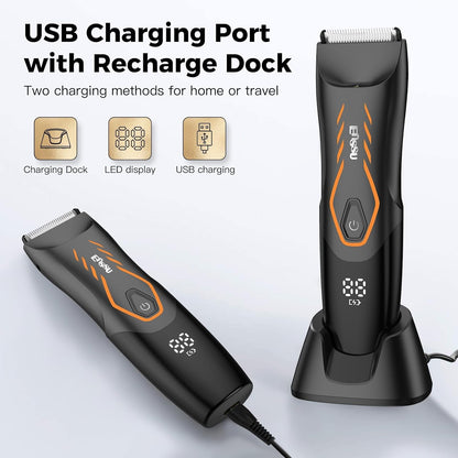 ENSSU Body Hair Trimmer for Men, Electric Groin Hair Trimmer, Ball Trimmer with Skin-Safe Ceramic Blade & Wireless Charging Dock, Waterproof Body Groomer for Groin, Chest, Beard & Pubic Hair (Orange)