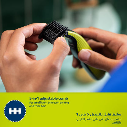 Philips OneBlade QP2724/20 | Trim, Edge & Shave Any Length of Hair| 5-in-1 Adjustable Comb, Dual-Sided Blade | 45min Cordless Use, USB Charging
