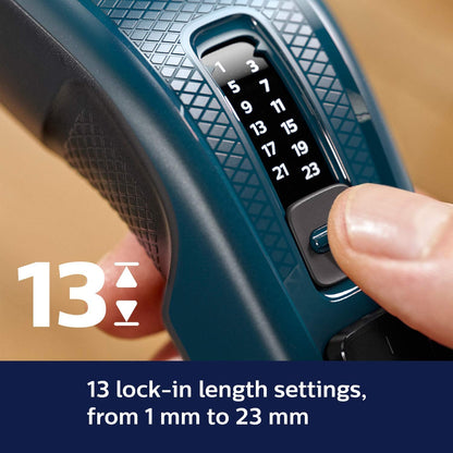 Philips Hair Clipper (Corded) With 13 Length Settings, 41 mm Wide Cutter, Stainless Steel Blades And Trim-n-Flow Technology (Blue)