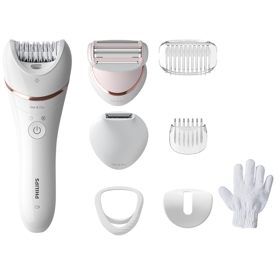 Philips BRE720 Wet & Dry Hair Removal Epilator – 32 Ceramic Tweezers, Double Action, Bikini Trimmer, Shaver & Exfoliator with 8 Attachments & Opti-Light