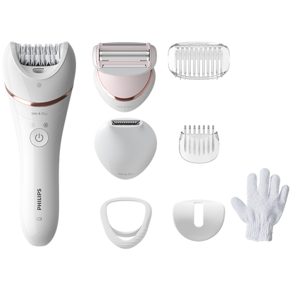 Philips BRE720 Wet & Dry Hair Removal Epilator – 32 Ceramic Tweezers, Double Action, Bikini Trimmer, Shaver & Exfoliator with 8 Attachments & Opti-Light