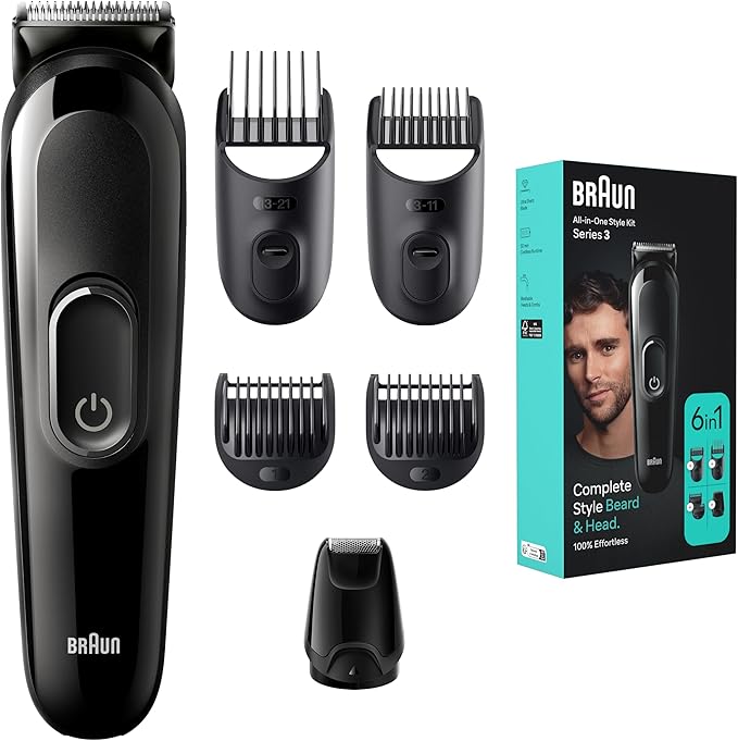 Braun All-In-One Style Kit Series 3 3410, 6-In-1 Everyday Grooming Kit for Men, for Beard Trimming, Hair Clipping & More, with Ultra-Sharp Blade, Washable, Rechargeable 50-min Cordless Runtime