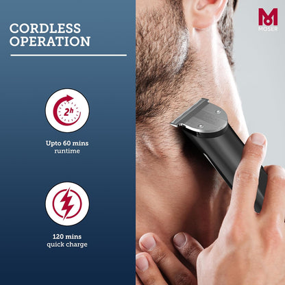 Moser T-Cut Professional Cordless Trimmer for Men with 40mm T-Blade (Made in Germany) | 60-Minutes Runtime | High-Grade Steel Blades | Lightweight & Quiet Operation (1591-0170)