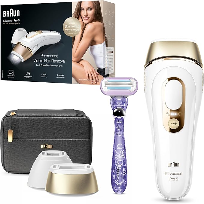 Braun Silk·expert Pro 5, At-Home Laser, IPL Hair Removal Device, Permanent Visible Hair Removal, 1 Standard & 1 Precision Head & Venus Razor, Gift for Women, PL5147, White/Gold