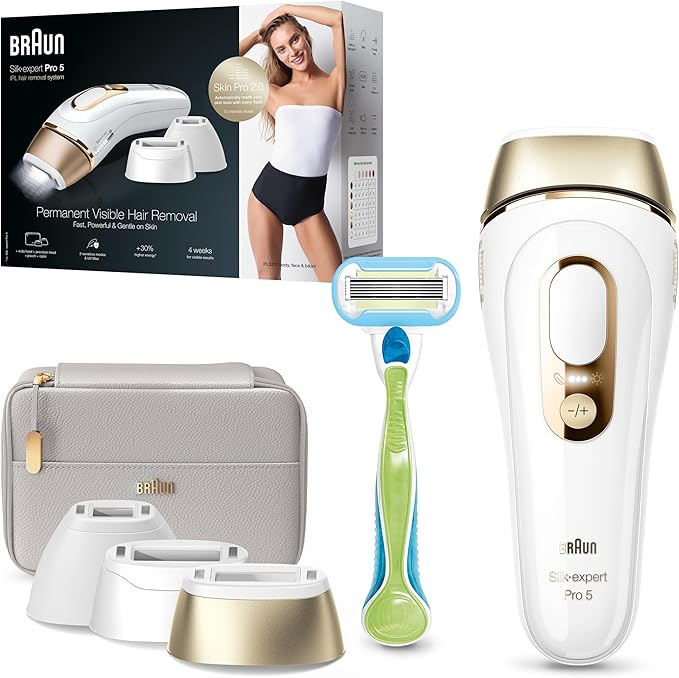 Braun Silk·expert Pro 5, At-Home Laser, IPL Hair Removal Device, Permanent Visible Hair Removal, 1 Standard & 1 Precision & 1 Wide Head & Venus Razor, Gift for Women, PL5257, White/Gold