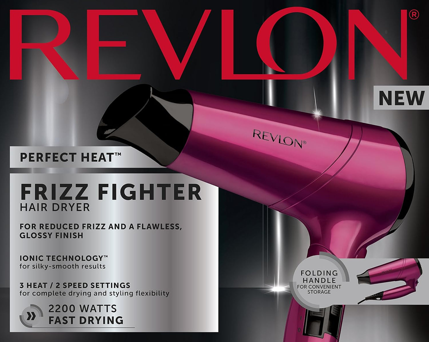 Revlon RVDR5229 Frizz Fighter Hair Dryer, 2200 Watts, 2 speed and 3 heat setting, folding handle. Cool shot button.
