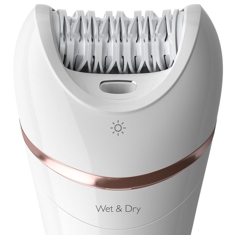 Philips BRE720 Wet & Dry Hair Removal Epilator – 32 Ceramic Tweezers, Double Action, Bikini Trimmer, Shaver & Exfoliator with 8 Attachments & Opti-Light