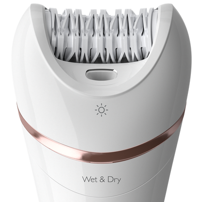 Philips BRE720 Wet & Dry Hair Removal Epilator – 32 Ceramic Tweezers, Double Action, Bikini Trimmer, Shaver & Exfoliator with 8 Attachments & Opti-Light