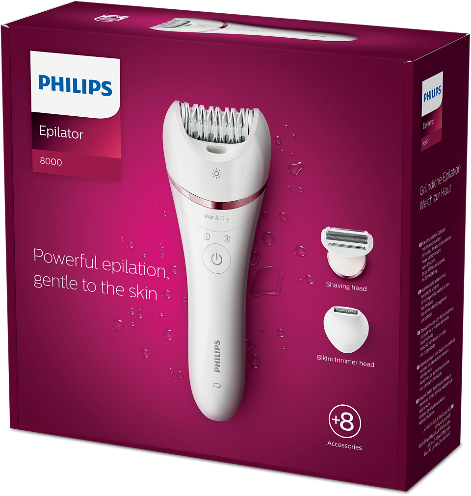 Philips BRE720 Wet & Dry Hair Removal Epilator – 32 Ceramic Tweezers, Double Action, Bikini Trimmer, Shaver & Exfoliator with 8 Attachments & Opti-Light