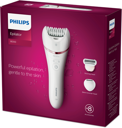 Philips BRE720 Wet & Dry Hair Removal Epilator – 32 Ceramic Tweezers, Double Action, Bikini Trimmer, Shaver & Exfoliator with 8 Attachments & Opti-Light