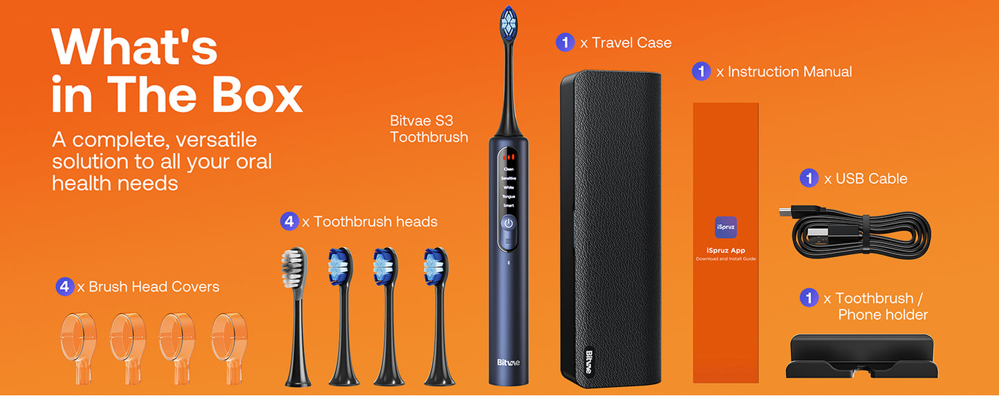Bitvae Smart S3 Sonic Electric Toothbrush, 180-Day Battery Life, Travel Case