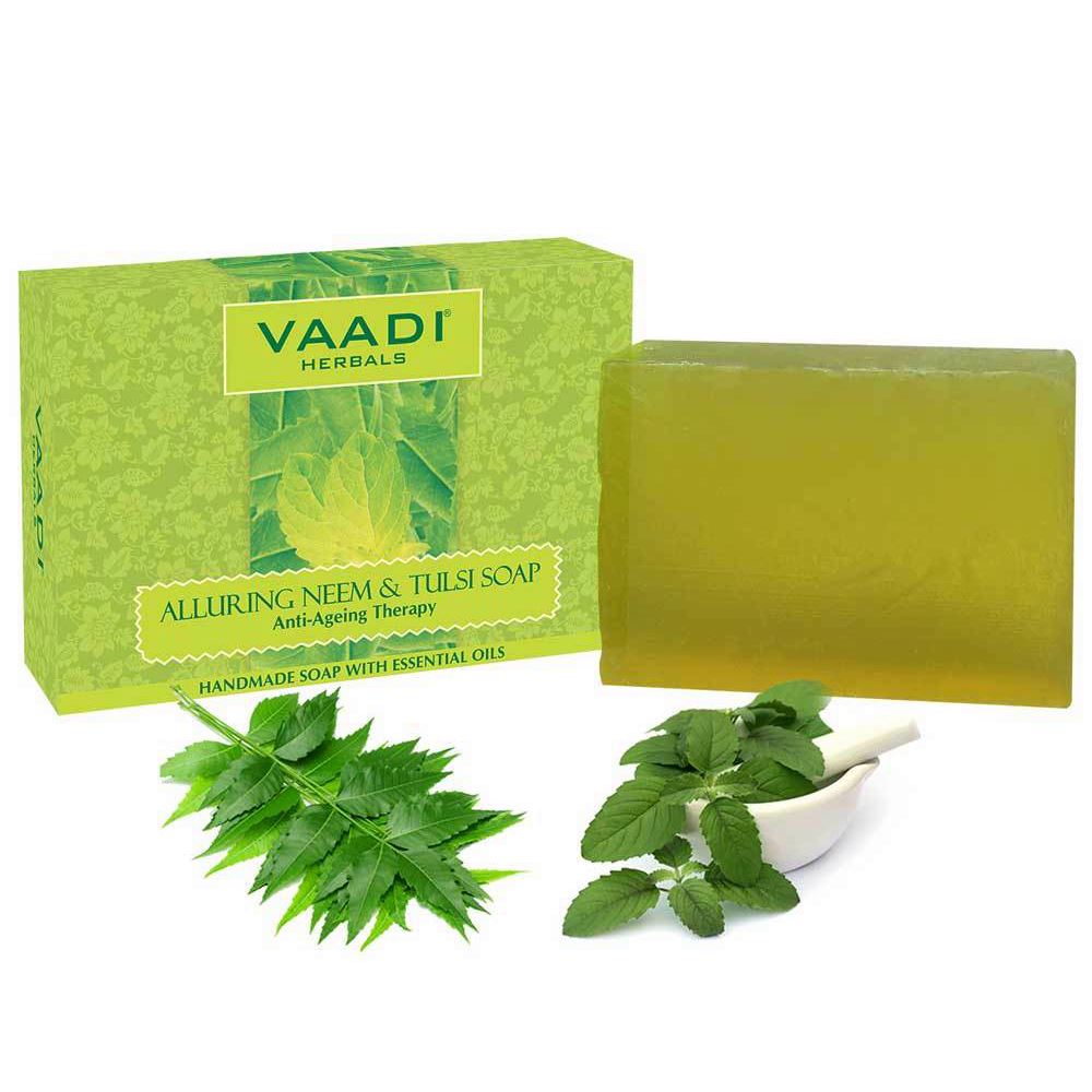 Organic Anti Bacterial Neem Tulsi Soap with Aloe Vera, Vitamin E & Tea Tree Oil (75 gms / 2.7 oz) base Vaadi Organics UAE 