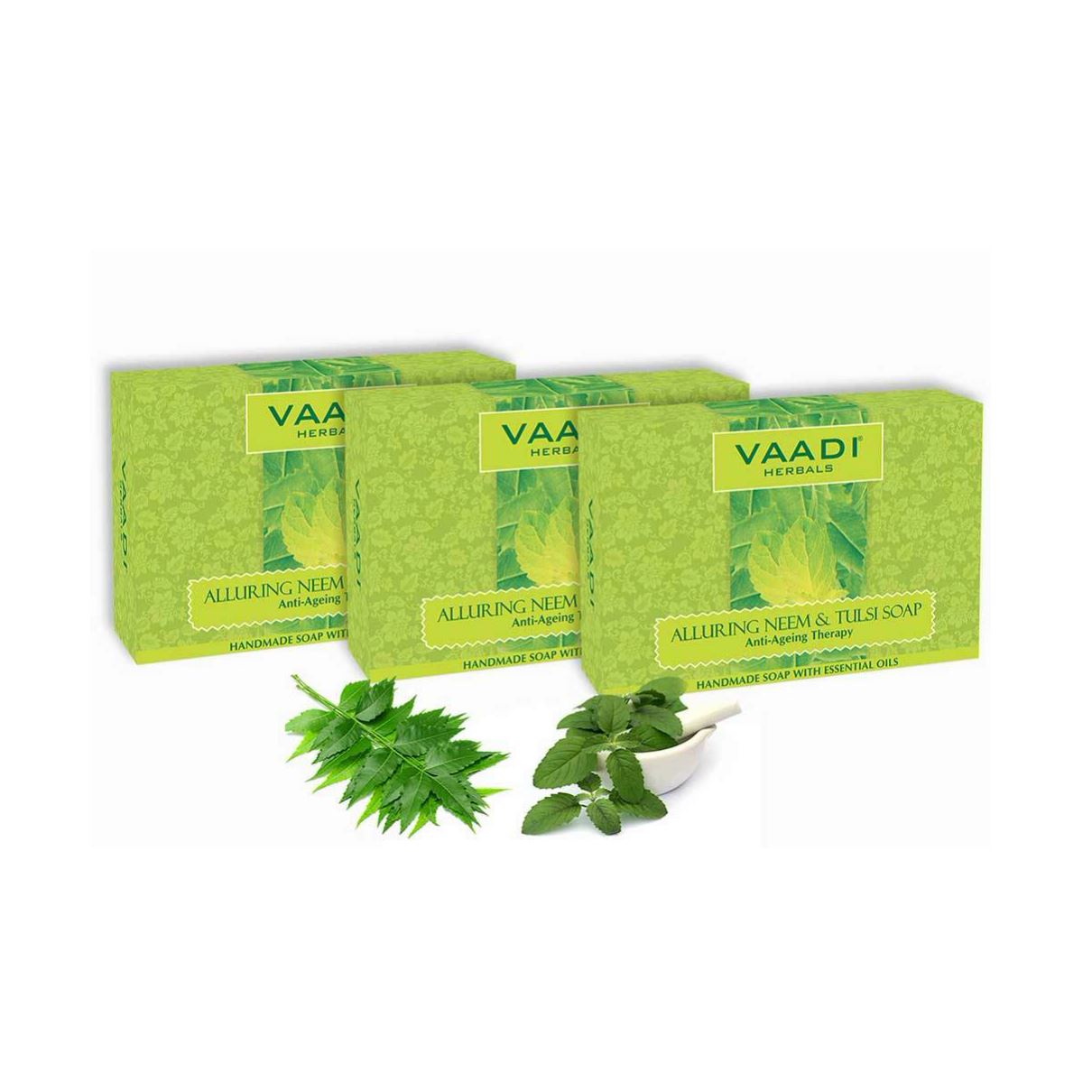 Organic Anti Bacterial Neem Tulsi Soap with Aloe Vera, Vitamin E & Tea Tree Oil (3 x 75 gms / 2.7 oz) base Vaadi Organics UAE 