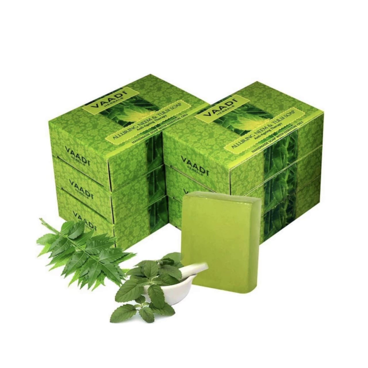 Organic Anti Bacterial Neem Tulsi Soap with Aloe Vera, Vitamin E & Tea Tree Oil (6 x 75 gms / 2.7 oz) base Vaadi Organics UAE 