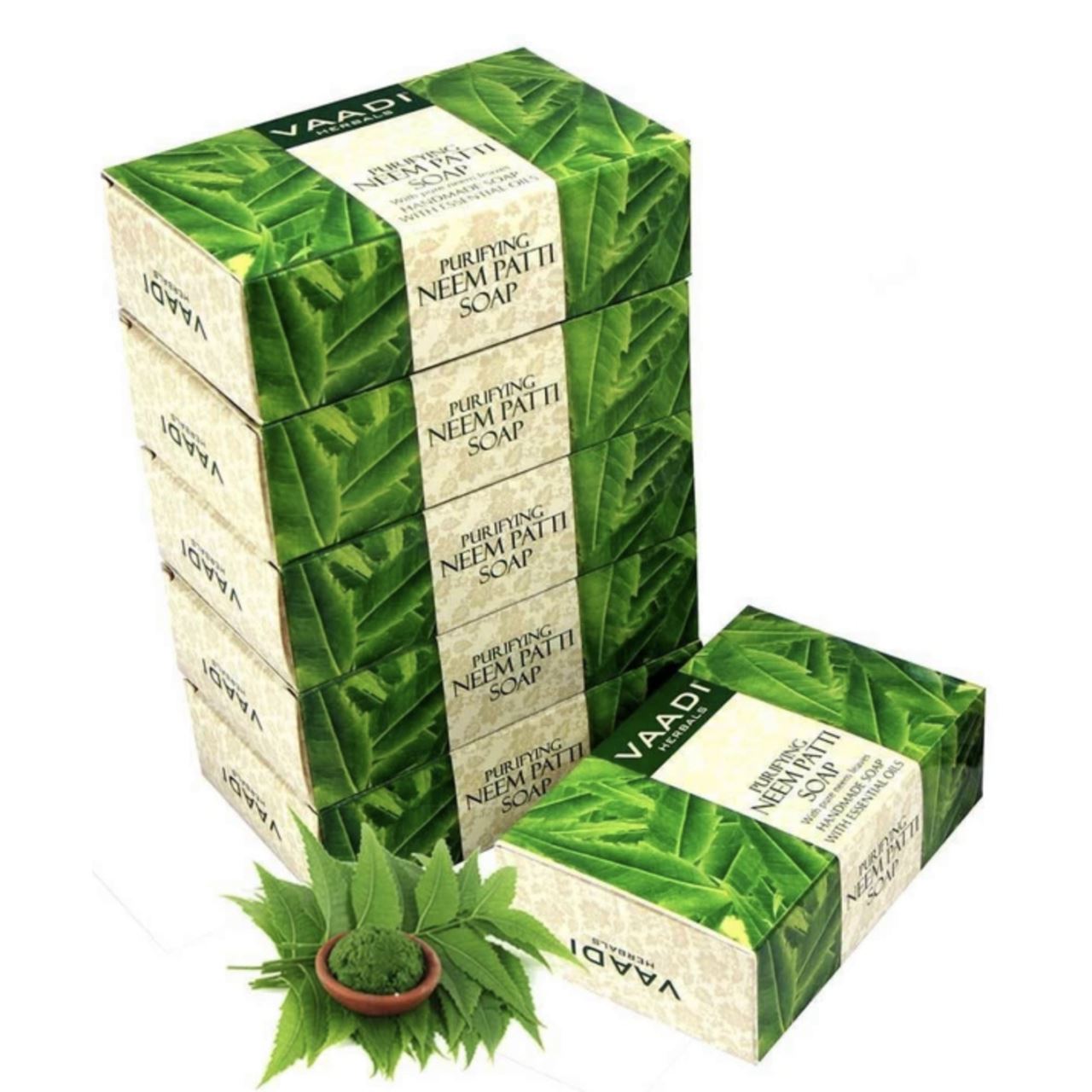 Organic Neem Soap with Pure Neem Leaves (Anti Bacterial) - Detoxifies Skin (6 x 75 gms / 2.7 oz) base Vaadi Organics UAE 