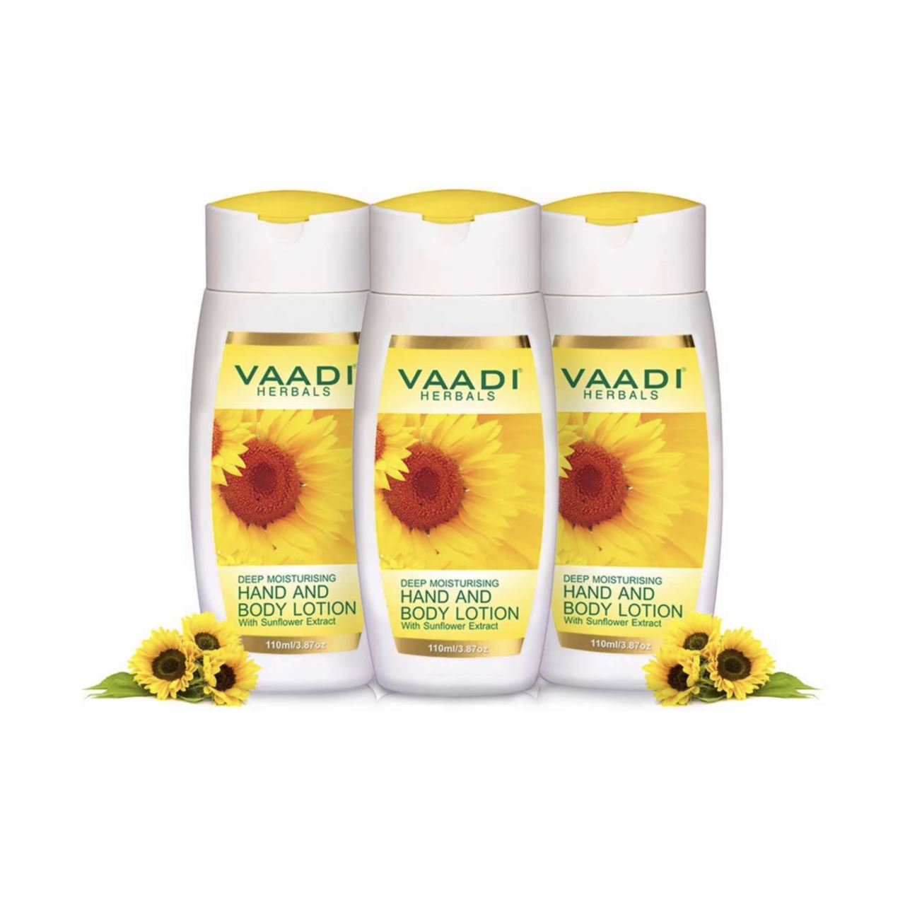 Organic Hand & Body Lotion with Sunflower Extract - Enhances Water Retention in Skin - Keeps Skin Soft (3 x 110 ml/4 fl oz) Vaadi Organics UAE 