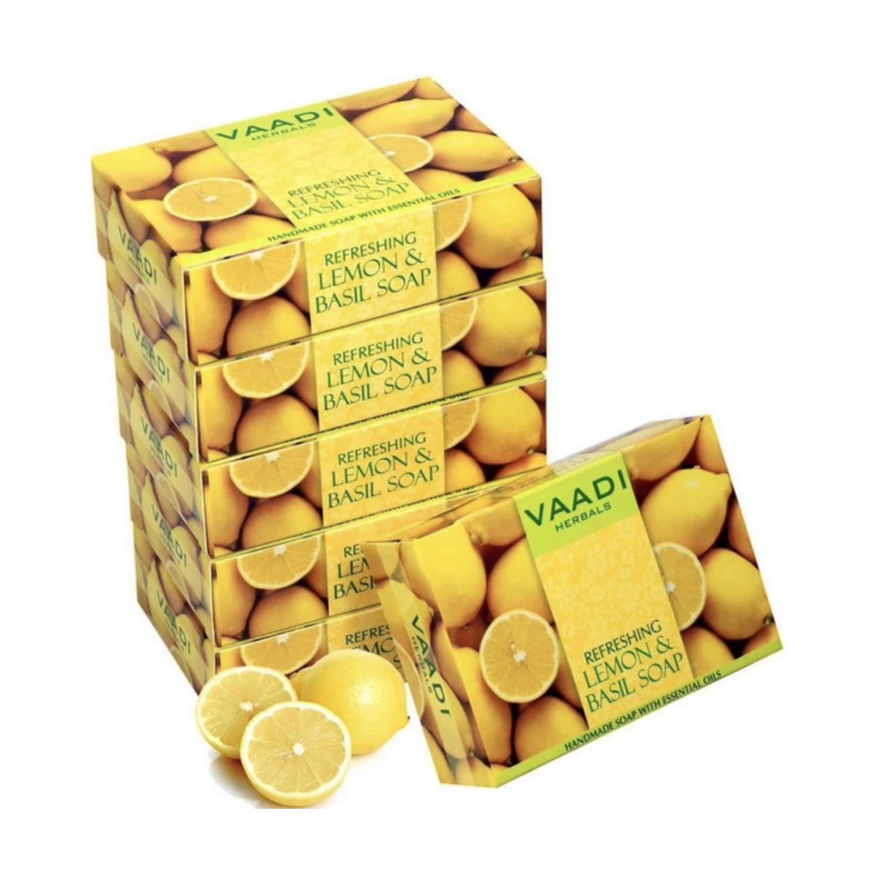 Refreshing Organic Lemon & Basil Soap - Tones & Brightens Skin (6 x 75 gms / 2.7 oz) base Vaadi Organics UAE 