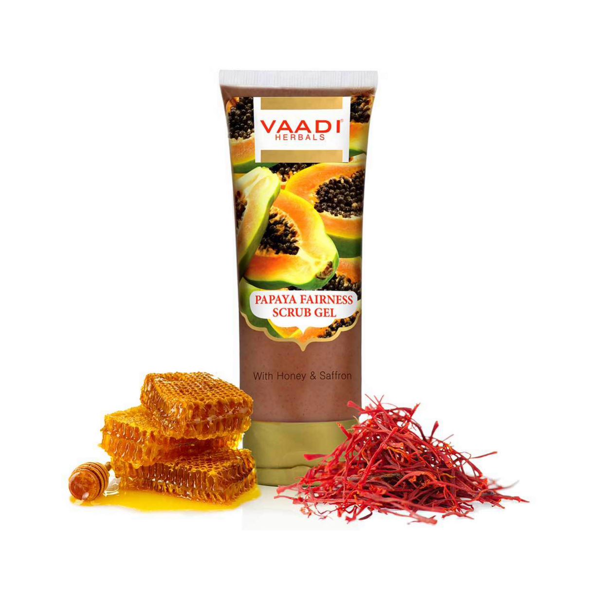 Organic Papaya Scrub Gel with Honey & Saffron - Reduces Tan - Smoothens Skin Texture - Makes Skin Flawless (110 gms / 4 oz) Vaadi Organics UAE 