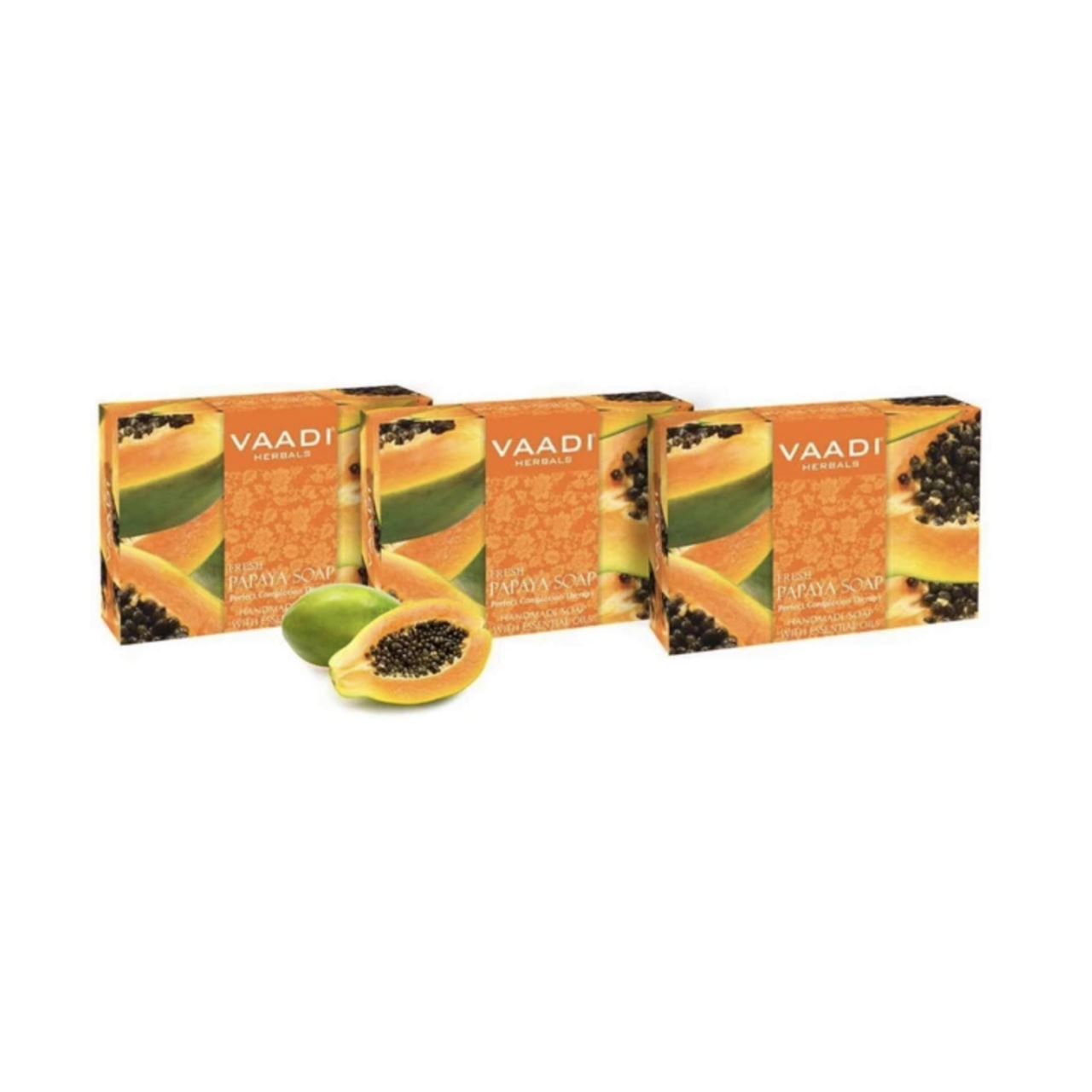 Organic Fresh Papaya Soap - Clears Impurities off Skin - Evens Skin Tone (3 x 75 gms / 2.7 oz) base Vaadi Organics UAE 