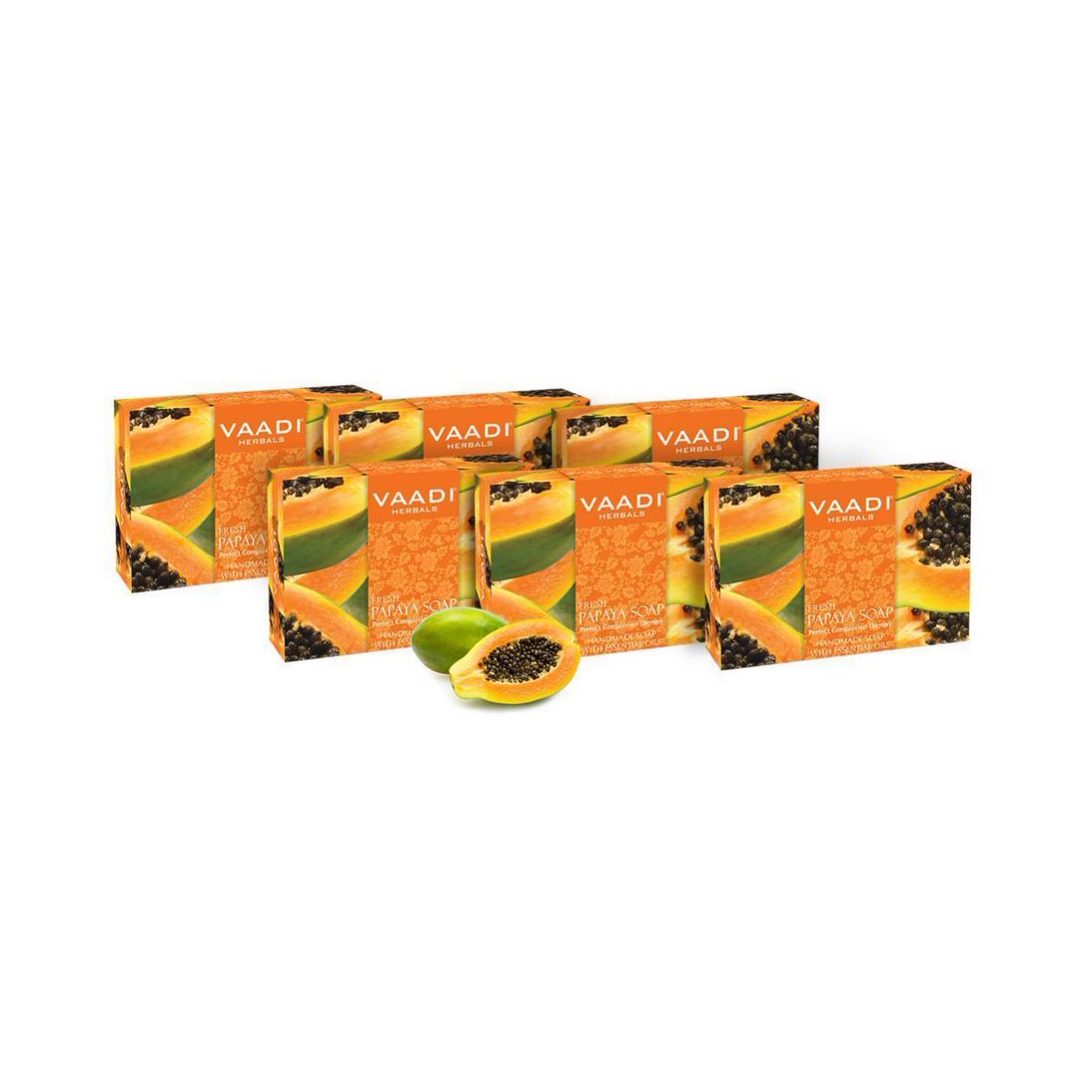 Organic Fresh Papaya Soap - Clears Impurities off Skin - Evens Skin Tone (6 x 75 gms / 2.7 oz) Vaadi Organics UAE 