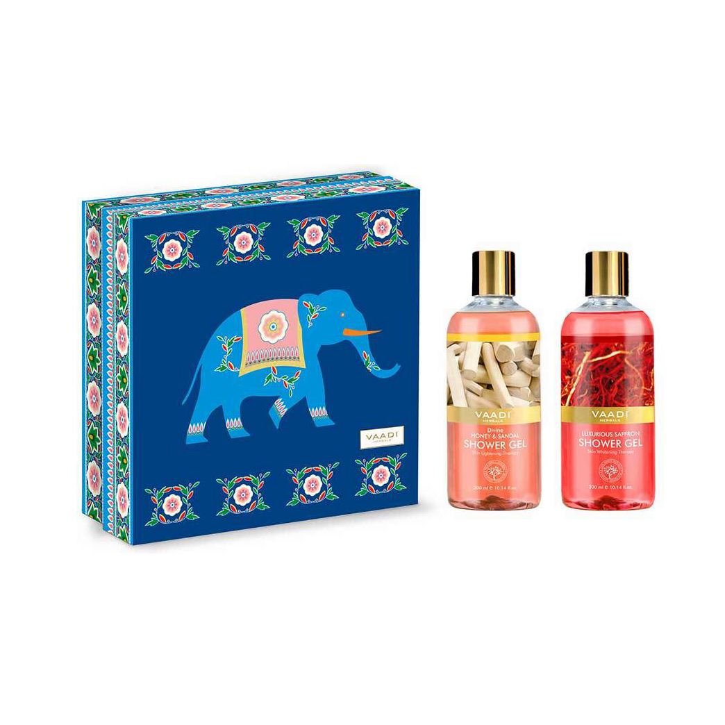 Royal India Organic Shower Gels Gift Box - Luxurious Saffron & Divine Honey and Sandal 300 ml - Exotic Bathing Experience Vaadi Organics UAE 