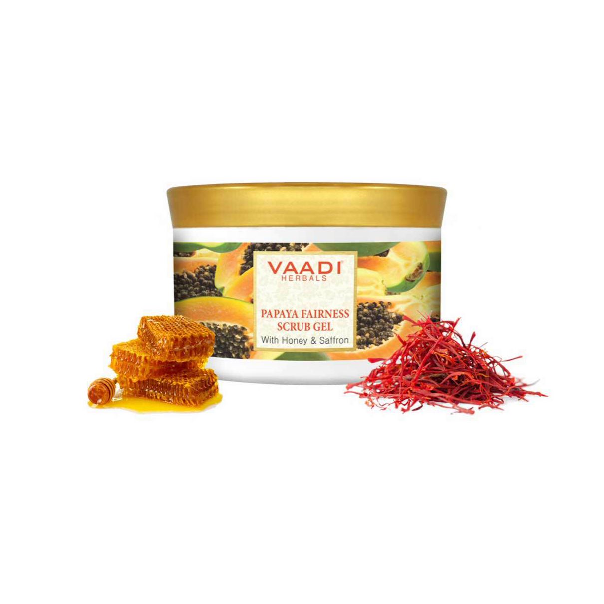 Organic Papaya Scrub Gel with Honey & Saffron - Reduces Tan - Smoothens Skin Texture - Makes Skin Flawless (500 gms / 17.7 oz) base Vaadi Organics UAE 