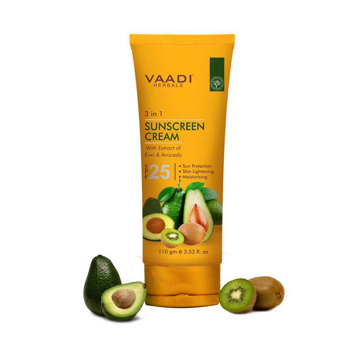 Organic Sunscreen Cream SPF 25 with Kiwi & Avocado Extract - Protects & Nourishes Skin - Enhances Complexion (110 gms / 4 oz) base Vaadi Organics UAE 