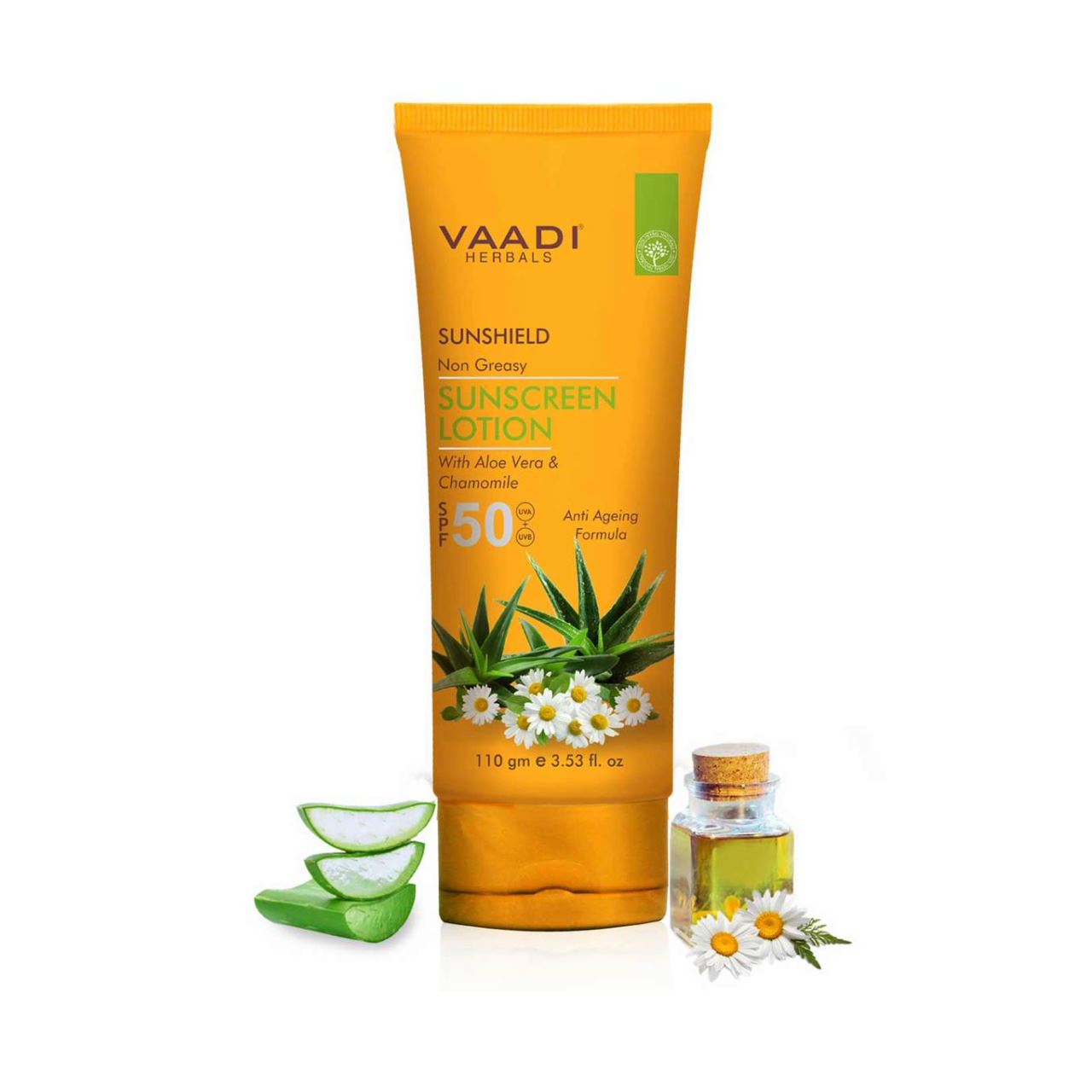 Organic Sunscreen Lotion SPF 50 with Aloe Vera & Chamomile - Non Greasy - Long Lasting - Soothes Burnt Skin (110 ml/ 4 fl oz) base Vaadi Organics UAE 